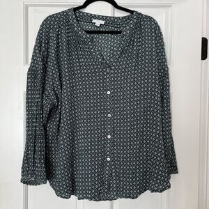 J Jill Button Up Tunic Top Womens 2X Green Floral Preppy Peasant Office V-neck